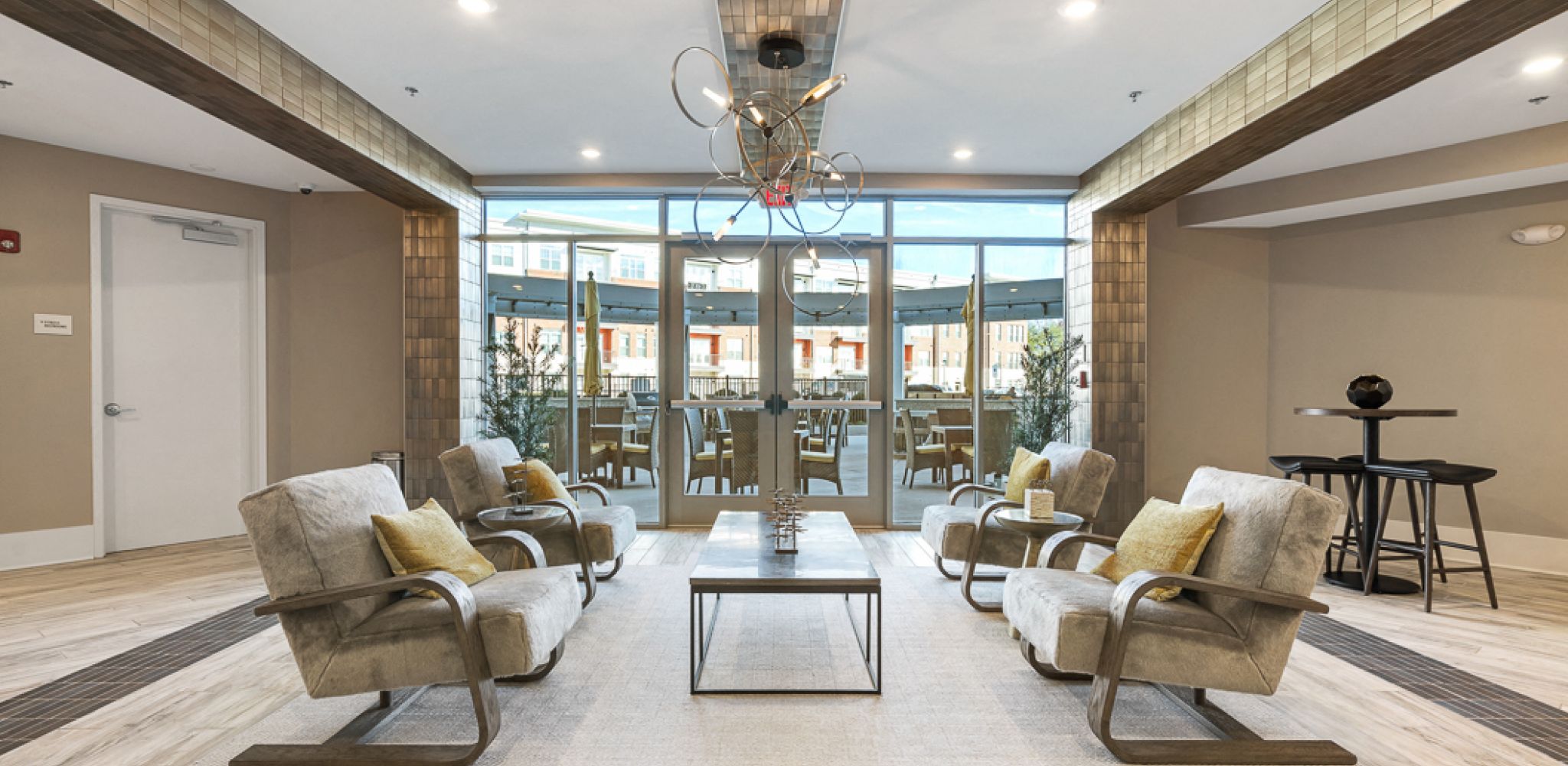 Hawthorne at Friendly resident amenity area with seating and beautiful finishes